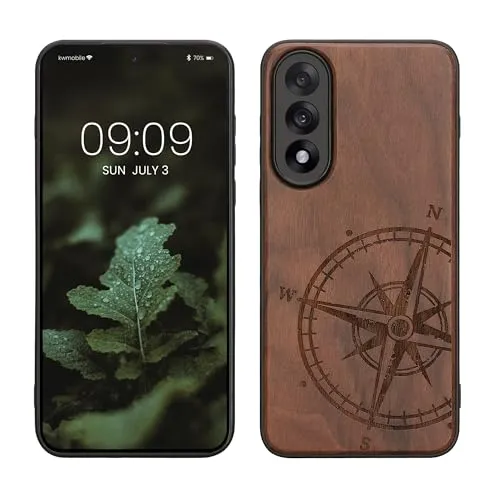 kwmobile Hülle kompatibel mit OnePlus Nord 5 Hülle - Holz Case - Handy Cover - TPU Handyhülle in Dunkelbraun Kompass Vintage