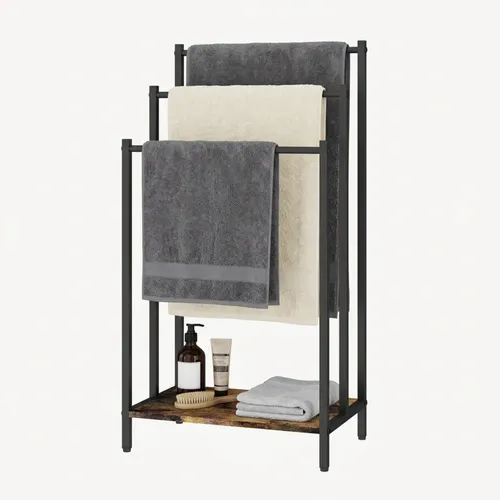 Relaxdays Handtuchständer mit Ablage - Industrial Design, 3 Stangen, Dunkelbraun/Schwarz - Praktischer Handtuchständer im Industrial-Stil mit 3 Stangen für optimale Luftzirkulation. Ideal für Handtücher, Kleidung oder Zeitungen. Flexibel im Badezimmer oder Gäste-WC einsetzbar.