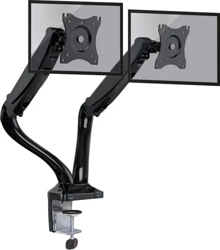 Schwaiger Monitor-Halterung LWHT246 – Neigbar, schwenkbar und drehbar bis 27 Zoll - Praktische Tischhalterung für zwei Bildschirme bis 27 Zoll, höhenverstellbar durch Gasdruckfeder-Technologie, ermöglicht flexible Anordnung und integrierte Kabelführung.