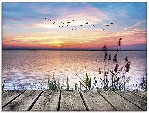 ARTland Wanddeko Glasbilder Wandbild Glas Bild einteilig 80x60 cm Querformat Natur Steg Landschaft See Himmel Sonnenaufgang Vögel Wolken T9QD