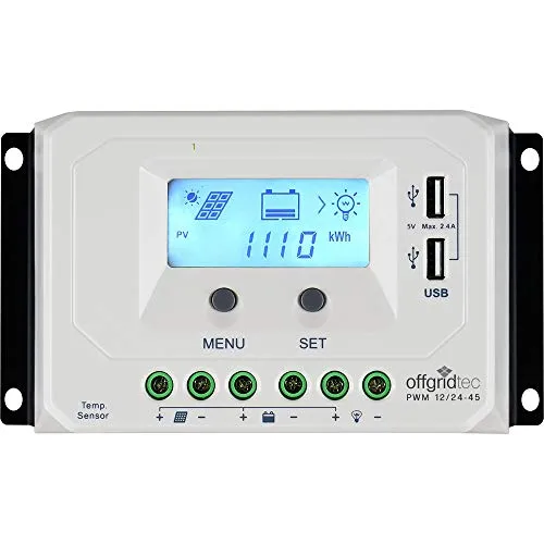 Offgridtec® PWM Pro Laderegler 12V/24V 45A USB - PWM-Solarladeregler mit 3-stufiger Ladereglung für effiziente Batterieladung, max. Ladestrom 45A, großes LCD-Display und 2 USB-Ports für vielseitige Nutzung.