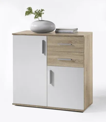 Carryhome Kommode Bobby - Weiß & Sonoma Eiche - Moderne Kommode mit 1 Fach und 2 Schubladen, ideal für Wohnzimmer. Typenauswahl und elegantes Design in Weiß und Sonoma Eiche bieten vielseitige Nutzungsmöglichkeiten.