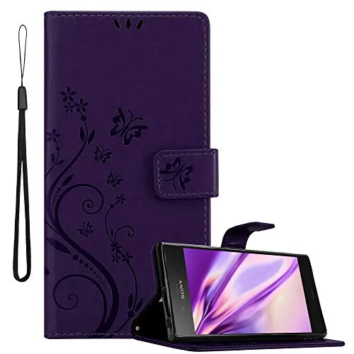 Cadorabo Hülle kompatibel mit Sony Xperia XZ1 Blumen Design aus Premium Kunst Leder Flip Klappbare Stoßfeste Magnetische [Standfunktion] [Kartenfächern] Cover Hülle für Sony Xperia XZ1 Tasche in Lila