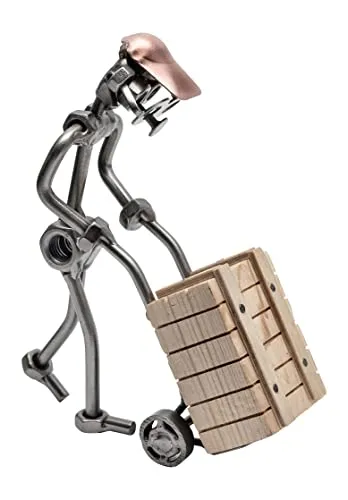 STEEMO Schraubenmännchen Transport Sackkarre Sepditeur Chauffeuer Logistiker Geschenk - Metall-Kunst Deko Geschenkidee, Stahl, grau 15x5x16 cm