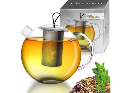 Creano Teekanne Teekanne 2,0l “Jumbo” mit Metall-Sieb, 250 l, (Set, 1 Teekanne, 1 Deckel), 1x bedrucktes Glas