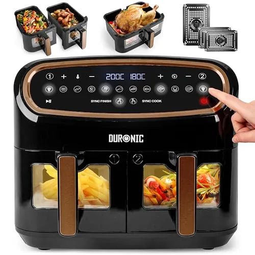 Duronic AF34 BG - XXL Heißluftfritteuse mit 10 Liter Volumen, doppelte Kammern und 2400 W Leistung für fettfreies Kochen
