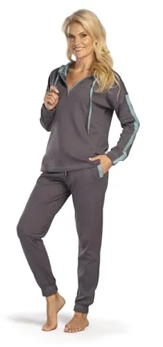 Consult-Tex Damen Hausanzug - Bequemer Freizeitanzug mit Streifenmuster - Loungewear in grau, Größe 44/46, aus pflegeleichtem Interlock-Material, ideal für entspannte Tage zu Hause.