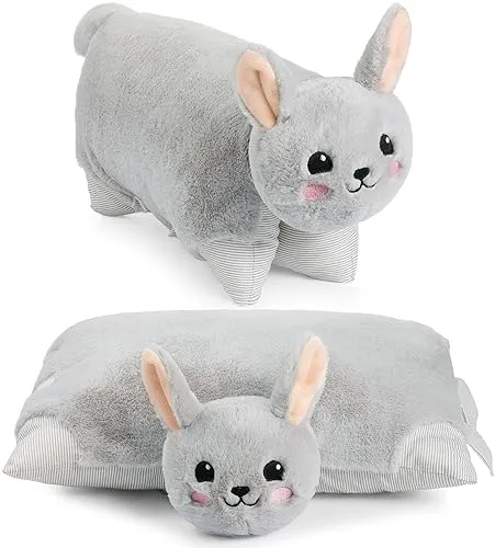 BRUBAKER Kuscheltier-Kissen Hase - 2 in 1 Plüschtier und Kuschelkissen - 40 x 30 cm Kuschelhase - aufklappbares Kinder Plüschkissen mit Klettverschluss - Tierkissen Hasenkissen Stofftier - Grau