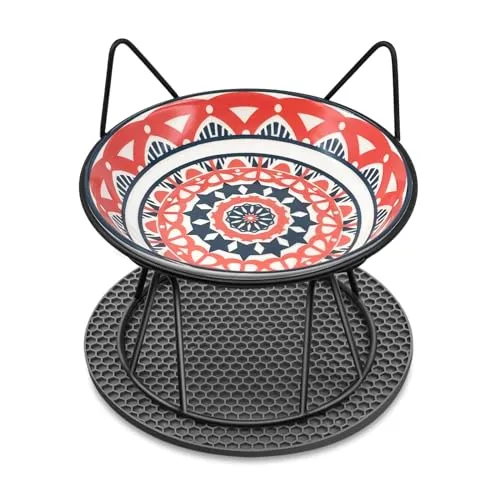 Avmvnvc Katzennapf Erhöht, Futternapf Katze Keramik, Rutschfester Katzennäpfe mit Metallhalter und Napfunterlage Silikon, Katzen Napfset, Fressnapf und Wassernapf für Katzen und Kleine Hunde, 250 ml