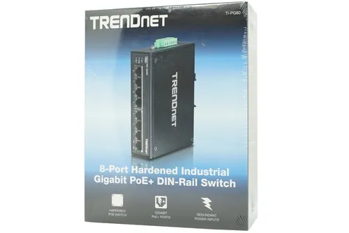 TRENDNET TI-PG80 8-Port Industrial Gigabit PoE+ Switch - 8-Port Gigabit PoE+ DIN-Rail Switch für zuverlässige Netzwerkverbindungen in industriellen Umgebungen, ideal für die Stromversorgung von IP-Kameras und Access Points.