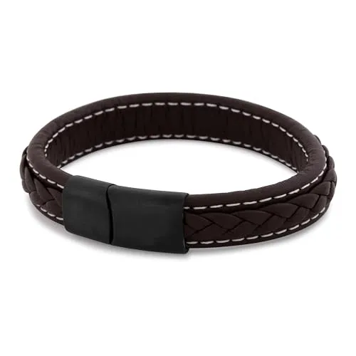 Akitsune Fides Lederarmband | Armschmuck Frauen Herren Edelstahl Männer Armband - Mattschwarz - Braun 19cm