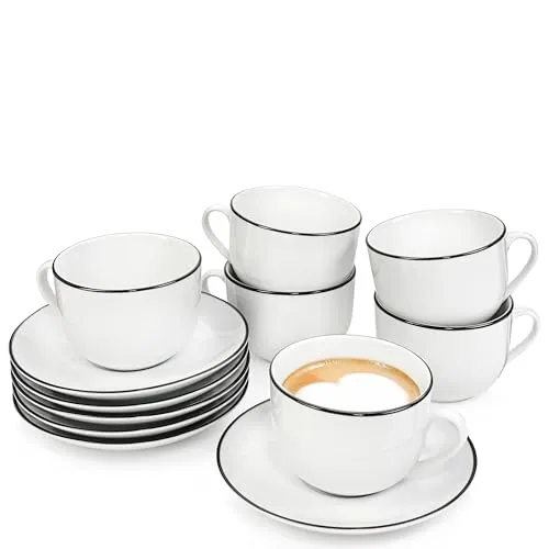SÄNGER Tassen Set Marlo Black Rim 12 tlg - Thermobehälter für 6 Personen, handgefertigtes Porzellan mit spülmaschinen- und mikrowellengeeigneten Tassen und Untertassen, ideal für Kaffee, Tee und besondere Anlässe.