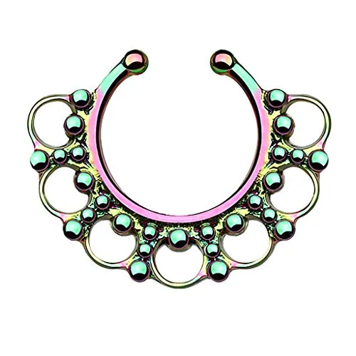 Piercingfaktor® Fake Piercing Universal Ring Septum Vintage Tribal mit Ringen Perlen Nasenpiercing Ohrpiercing Tragus Intimpiercing Hufeisen Horseshoe Lippenpiercing Rainbow