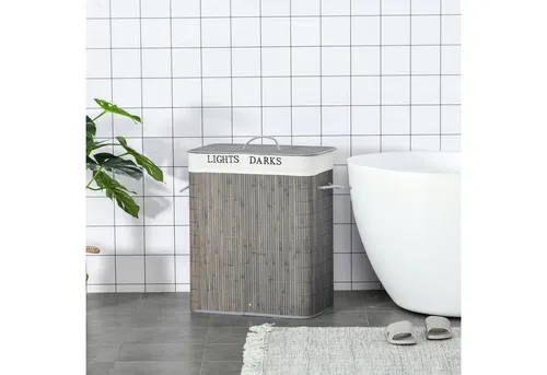 Homcom Wäschekorb aus Bambus, Grau - Wäschesammler mit 2 großen Fächern und herausnehmbarem, waschbarem Innenfutter. Ideal für Badezimmer und Schlafzimmer, stabiler Metallrahmen und praktische Seilgriffe für einfachen Transport.