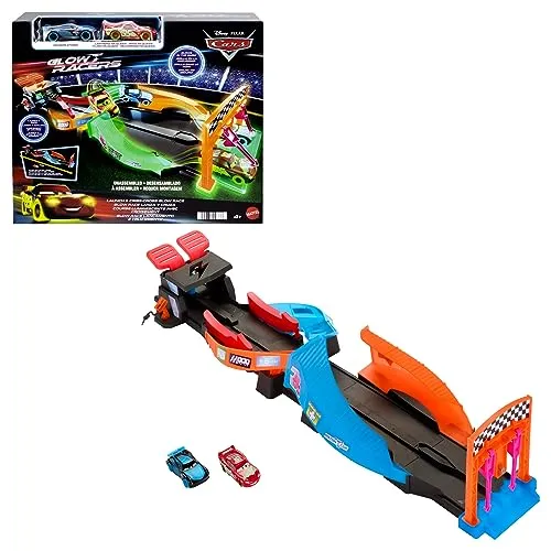 Mattel DISNEY Pixar Cars Spielset - Leuchtende Rennautos & Neonrennstrecke - Fahrzeuge & Rennwagen für Kinder, 2 Spielmöglichkeiten und leuchtende Teile für aufregenden Spielspaß bei Tag und Nacht!