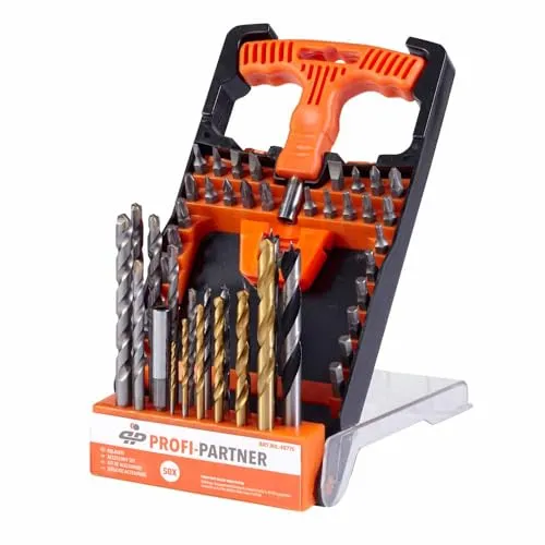 Profi-Partner Bohrer- & Bitsatz 50-teilig mit Box, HSS, für Holz & Metall | Bohrer-Set, Bits, CR-V, Karbonstahl, für Metall, Kunststoff, Heimwerker & Profis, Aufbewahrungsbox