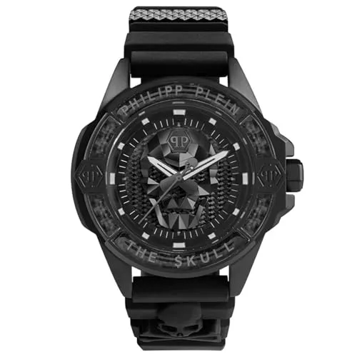 Philipp Plein The $Kull Herren Armbanduhr - Stylische Armbanduhr für Herren, Kohlefaser-Design mit Edelstahlgehäuse und schwarzem Silikonarmband, perfekt für modebewusste Männer.