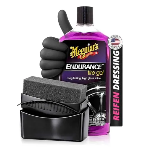 Shiny Freaks Reifenpflege Set: Meguiar’s Endurance High Gloss Tyre Gel 473ml + Tire Dressing Applicator + Nitrilhandschuhe Größe L | gleichmäßiger Auftrag für gepflegte Reifenflanken | 3-teilig