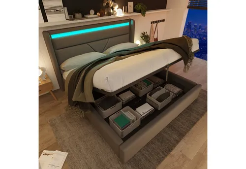 Flieks Polsterbett mit LED-Beleuchtung, hydraulisches Stauraumbett 140x200cm in Grau - Stylisches Polsterbett mit LED-Hintergrundbeleuchtung und praktischem Stauraum unter dem Lattenrost. Ideales Design für modernes Wohnen und optimalen Platzbedarf.