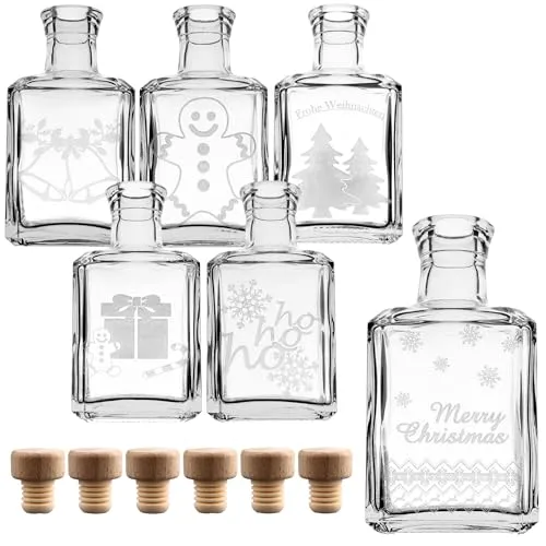 gouveo 6er Set Glasflaschen 250 ml Cube Weihnachten-Mix mit 6 Motiven und Korken (HGK) - Leere Flaschen für Weihnachten zum Befüllen und Verschenken