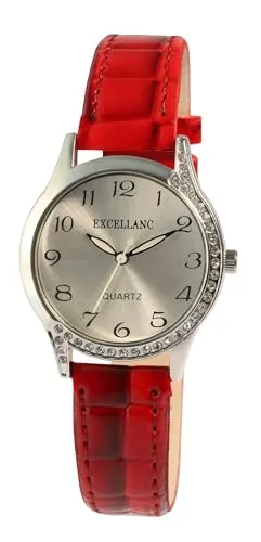 Excellanc Damenuhr mit Lederimitationsband, rot, silberfarben