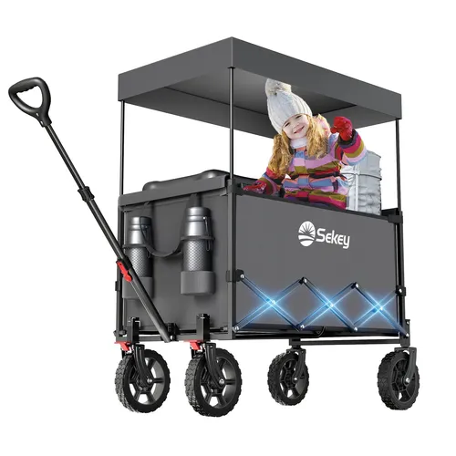 Sekey XXL Bollerwagen Faltbar Kinder 150L 150KG - Handwagen mit abnehmbarem Dach für flexiblen Sonnenschutz, max. Tragkraft 150kg, ideal für Ausflüge, Strand und Camping, umweltfreundlich zertifiziert und 2 Jahre Garantie.
