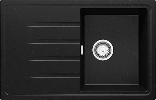 PRIMAGRAN Spülbecken Schwarz Metallic 78x50cm - Granitspüle Mailand S004 - 1 Becken Spülbecken aus kratzfestem Granit, ideal für Unterschränke ab 45 cm. Mit XL-Becken für große Töpfe, modernem Design und flexibler Installation.