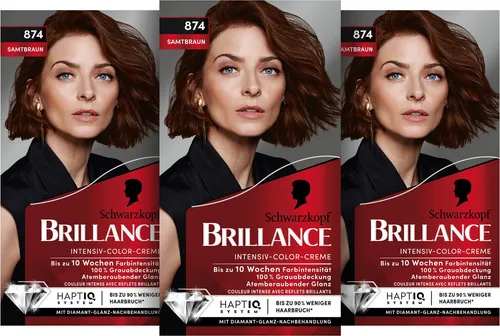 Schwarzkopf Haarfarbe BRILLANCE Intensiv-Color-Creme 874 Samtbraun, Spar-Pack, 3-tlg., mit Diamant-Glanz und Pflege-Conditioner, für 10 Wochen Farbintensität