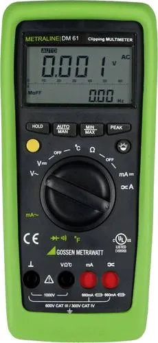 Gossen Digitalmultimeter Metraline DM61 mit Clip-Faktor - Spannungsprüfer mit vielseitigen Messfunktionen und Clip-Funktion für Stromwandler. Das DM61 bietet präzise Messergebnisse und Sicherheit in den Messkategorien CAT IV 300V und CAT III 600V.