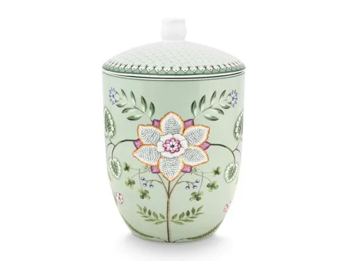 PiP Studio Vorratsdose Lily & Lotus Light Green 1,5l - Frischhaltedose aus hochwertigem Porzellan mit elegantem Lotusblumen-Muster, ideal für die stilvolle Aufbewahrung von Lebensmitteln in der Küche.