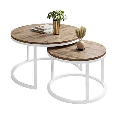 Runder Couchtisch CIRI 2in1, Weiß / Eiche Wotan - Stylischer 2in1 Wohnzimmertisch mit modernem Metallsockel, ideal für kleine Räume und vielseitige Einrichtungsmöglichkeiten.