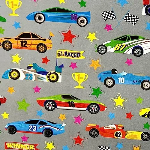 Geschenkpapier 70cm x 2m Rolle mit Motiv Auto Sterne Zielflagge Formel 1 Geburtstag Kinder Junge
