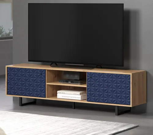 TV Lowboard Eiche Artisan Blau 184 cm – Modernes Design mit Soft-Close - Hochwertiges TV-Lowboard für bis zu 70 Zoll Fernseher. Mit Soft-Close-Funktion und stabilen Metallkufen, ideal für ein stilvolles Wohnzimmer. Maße: 184 cm x 40 cm x 52 cm.