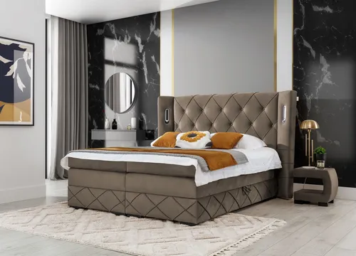 Boxspringbett ELVIANO 140x200cm mit Ambiente-LED in braun von Fun Möbel