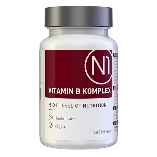 N1 Vitamin B Komplex hochdosiert - 240 vegane Tabletten - nur 1x tgl. - 8 Monats-Vorrat - alle 8 B Vitamine in einer Tablette - beste Bioverfügbarkeit