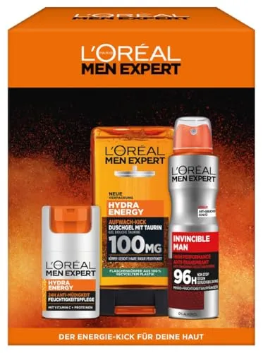 L'Oréal Men Expert Pflegeset für Männer, Geschenkset mit Gesichtscreme 24H Anti-Müdigkeit, Duschgel & Anti-Transpirant Deo Spray, Hydra Energy, Invincible Man, 1 x 50 ml, 1 x 150 ml, 1 x 250ml