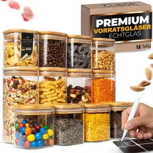 Clidor Vorratsglas mit Bambusdeckel, 8x 0,38 und 4x 0,88 Liter, eckig, luftdicht, Set, 12-teilig