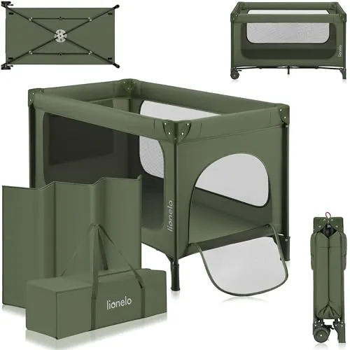 Lionelo Jasmin Easy Fold Reisebett - Bollerwagen: Mit dem innovativen Easy Fold-System lässt sich das Reisebett in Sekundenschnelle zusammenfalten. Ideal für Kinder bis 15 kg, mit atmungsaktiven Seiten und verformungsbeständiger Matratze.
