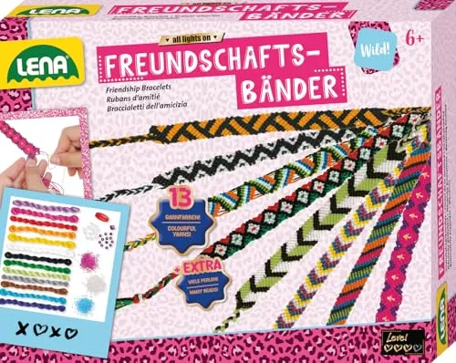 Lena 42689 Bastelset Freundschaftsbänder knüpfen - Komplettset mit 13 farbigen Knüpfgarnen - Kreatives Bastelset für Kinder ab 6 Jahren, inklusive Anleitung und Fädelperlen für individuelles Schmuckdesign.