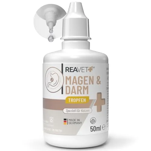 ReaVET Magen & Darm Tropfen für Katzen 50ml - Verdauungshilfen für Katzen, natürliche Tropfen zur Unterstützung einer gesunden Darmflora und sanften Regulation der Verdauung mit Pflanzenextrakten.