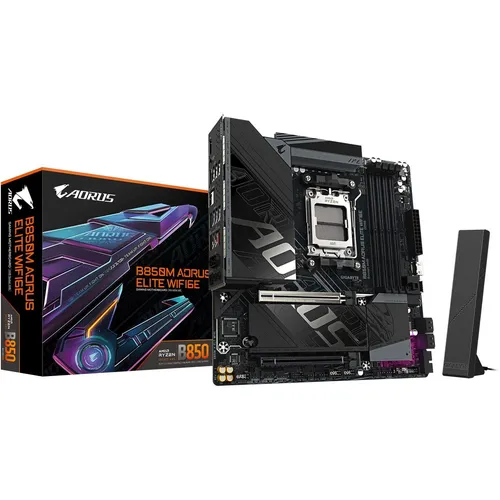 AORUS B850M ELITE WIFI6E - Micro ATX Motherboard - Mainboard mit AMD B850 Chipsatz, bietet blitzschnelle USB-C 3.2 Gen 2x2 Anschlüsse und unterstützt Wi-Fi 6E für ultraschnelle Netzwerkgeschwindigkeiten.