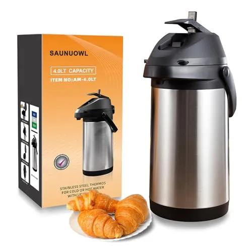 4L Pumpkanne Thermoskanne Isolierflasche mit Pumpe,Pump-Kaffeekanne mit Tragebügel,Pumpkanne aus poliertem Edelstahl Thermos-Getränkespender,360° drehbarer Boden, für Kaffee Tee Heiße & Kalte Getränke