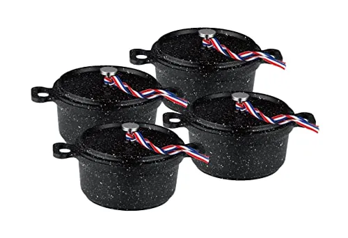 Kamberg – 0008199 – Set aus 4 Minischmortöpfen mit 12 cm Durchmesser, rund, schwarz – Aluminiumguss – Beschichtung in Steinoptik – Für alle Herdarten, auch Induktion – PFOA‑frei