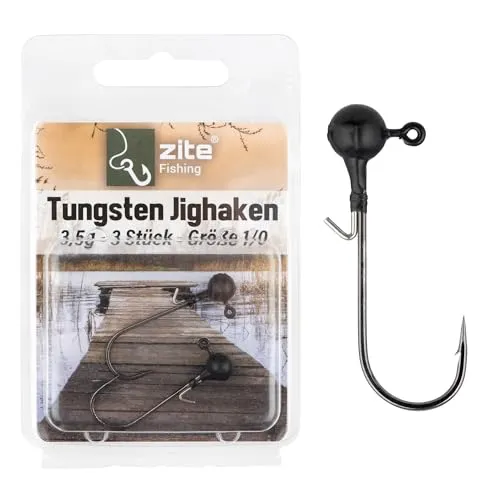 Zite Fishing Tungsten Jighaken Set | Bleifrei Jigköpfe mit Angelhaken 1/0-5/0 Matt-Schwarz | Ultrascharfe Jigheads Haken Barsch & Zander Angeln | Gummiköder Haken mit Angelgewicht (1/0 3,5g)