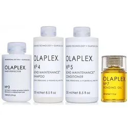 Olaplex Set - Hair Perfector No. 3 + Shampoo No. 4 + Conditioner No. 5 + Bonding Oil No. 7 - Olaplex Haarpflege-Set mit Hair Perfector No. 3, Shampoo No. 4, Conditioner No. 5 und Bonding Oil No. 7. Ideal für umfassende Pflege und Stärkung des Haares vor und nach dem Friseurbesuch.