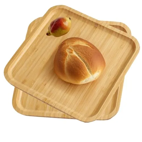 volumoon Holztablett Servierplatten, 2 Stück Bambus Quadratisch Serviertablette, Frühstückstablett für Frühstück, Kleines Holz Küchentablett für Couchtisch, Kaffee, Restaurants (20×20×1.5 cm)