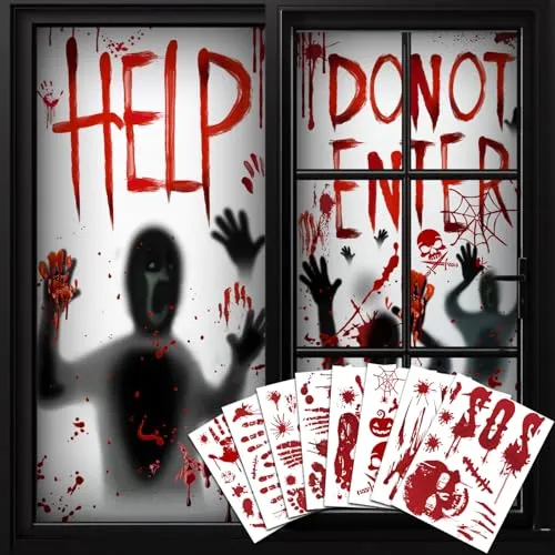 DADAPANGHU Halloween Deko Horror, 2 Sets Halloween Fensterbilder Aufkleber & 8 Sets Mauer Boden Aufkleber, 87pcs Blutige Sticker, Gruselige Fenster Deko, Riesen Blutige Handabdrücke