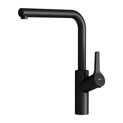 Einhebelmischer Küche Schwarz Matt, Wasserhahn Küche Drehbar, Küchenarmatur 360° Schwenkbar, Spültischarmatur L-förmiger Auslauf, Mischbatterie Küche Edelstahl, AM.PM FXB05022 X-Joy S