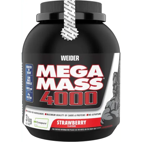 Weider Mega Mass 4000 - 3000g Strawberry - Sportnahrung für Bodybuilder, hochwertige Kohlenhydrat-Proteinmischung mit Mikronährstoffen und Creatin für effektiven Muskelaufbau.