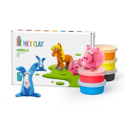 Hey Clay Tiere: Piggy, Pferd, Kaninchen Set – Bunte Modellierung Kinder – Lufttrocknen Ton Kit 6 Dosen mit Spaß Interaktive Anleitung App